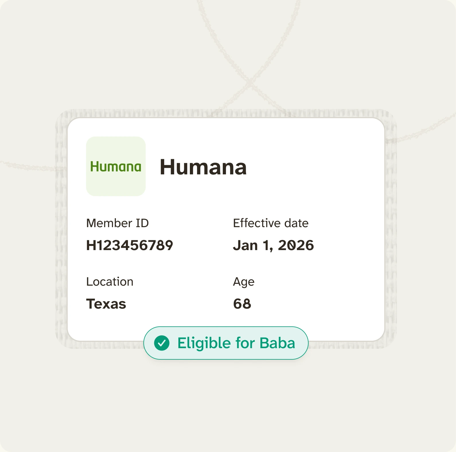 Example Humana insurance plan with member details and an Eligible for Baba status
