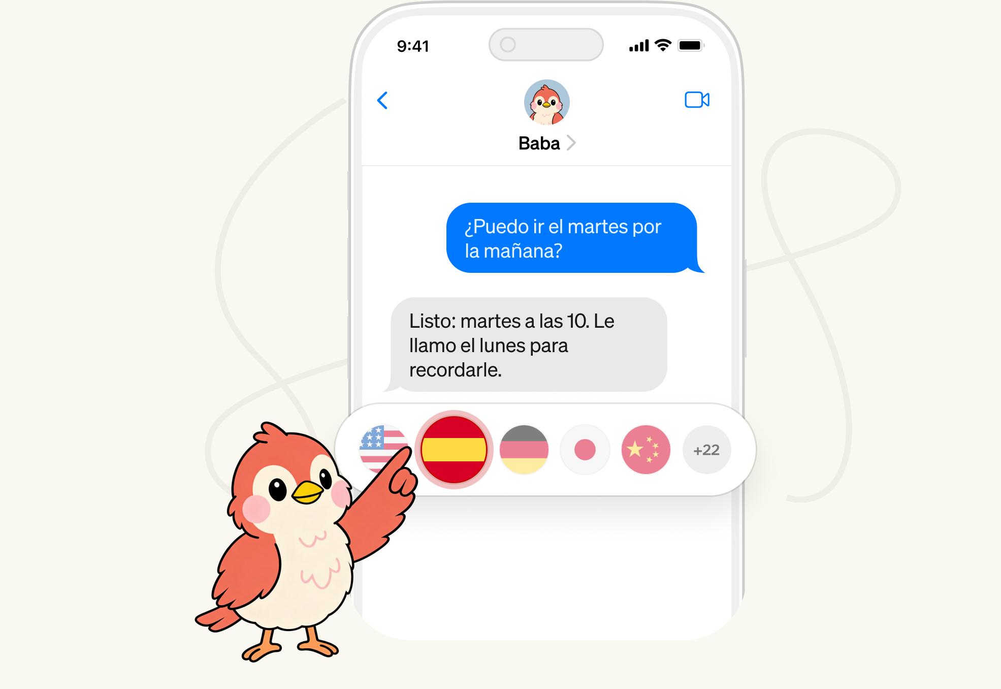 Illustration: Baba confirms an appointment in Spanish, with support for 27+ languages